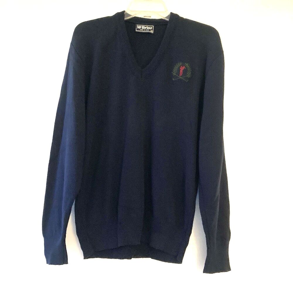 Vintage McBriar Golf Sweater Men’s Medium Navy Blue V Neck Acrylic USA